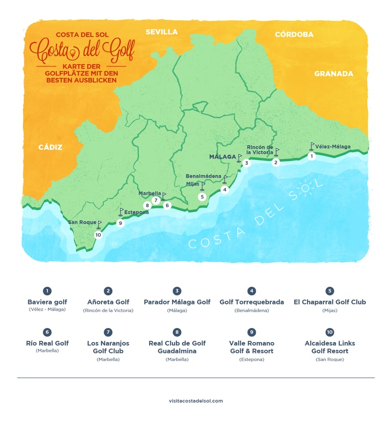 Karte der Golfplätze mit den besten Ausblicken auf die Costa del Sol